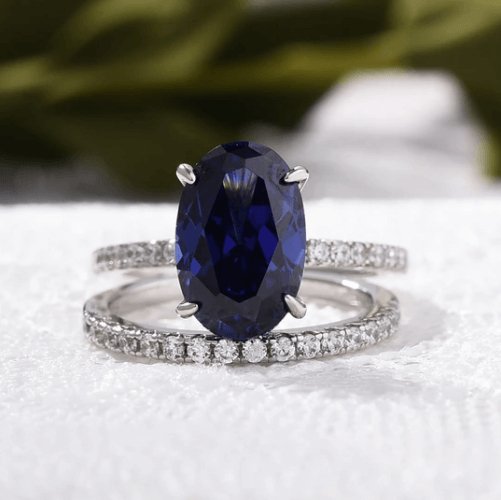 Classic Blue Sapphire Oval Cut Engagement Ring Set-Black Diamonds New York