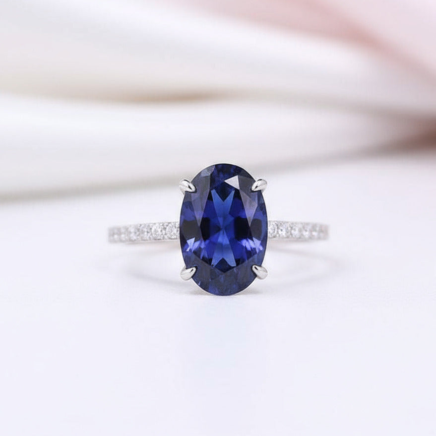 Classic Blue Sapphire Oval Cut Engagement Ring Set-Black Diamonds New York