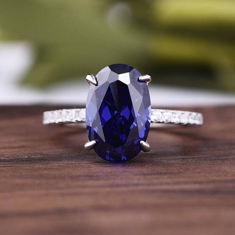 Classic Blue Sapphire Oval Cut Engagement Ring Set-Black Diamonds New York