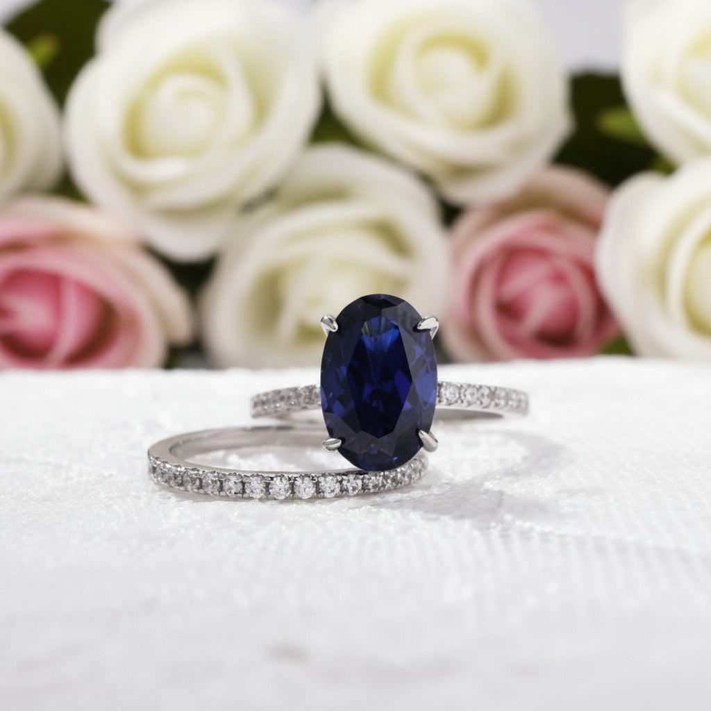 Classic Blue Sapphire Oval Cut Engagement Ring Set-Black Diamonds New York