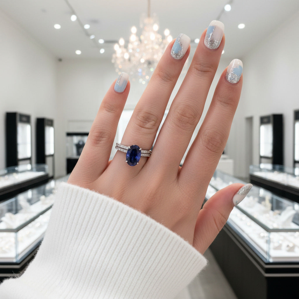 Classic Blue Sapphire Oval Cut Engagement Ring Set-Black Diamonds New York