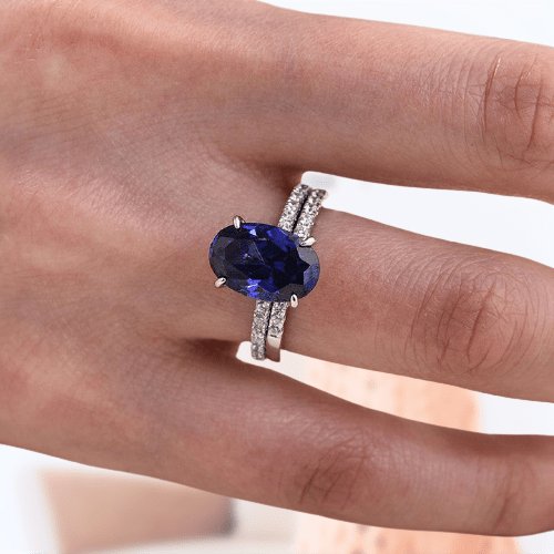 Classic Blue Sapphire Oval Cut Engagement Ring Set - Black Diamonds New York