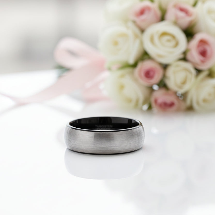 Classic Brushed Men's Tungsten Carbide Wedding Band-Black Diamonds New York