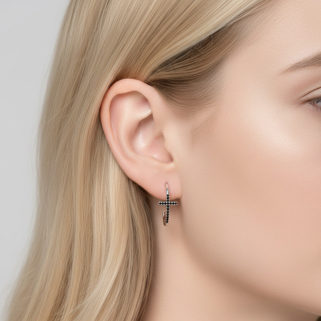 Classic Cross Black Diamond Stud Earrings-Black Diamonds New York