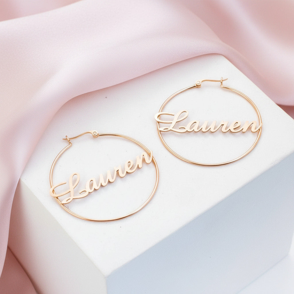 Classic Custom Name Hoop Earrings-Black Diamonds New York