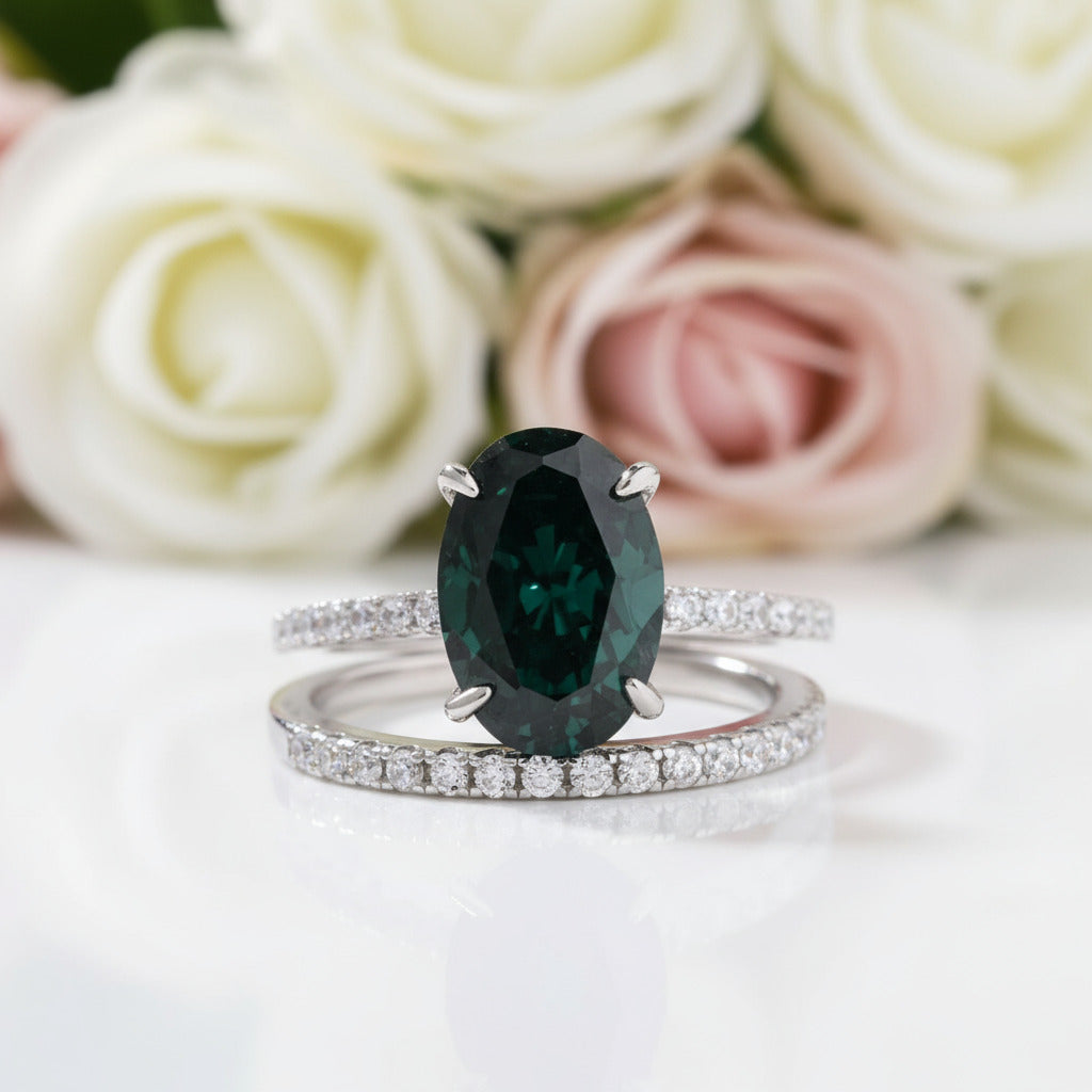 Classic Emerald Green Oval Cut Ring Set-Black Diamonds New York