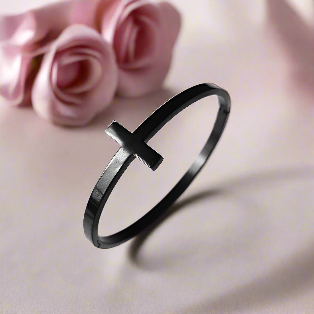 Classic Gun Black Stainless Steel Cross Bangle-Black Diamonds New York