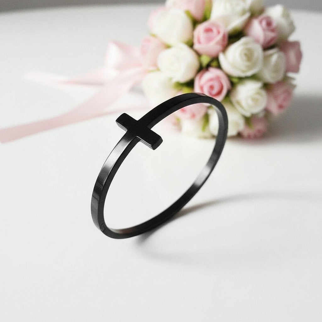 Classic Gun Black Stainless Steel Cross Bangle-Black Diamonds New York