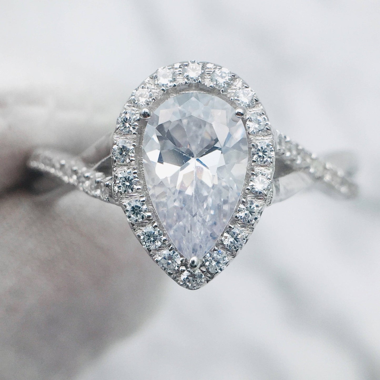 Classic Halo Pear Cut Moissanite Engagement Ring - Black Diamonds New York