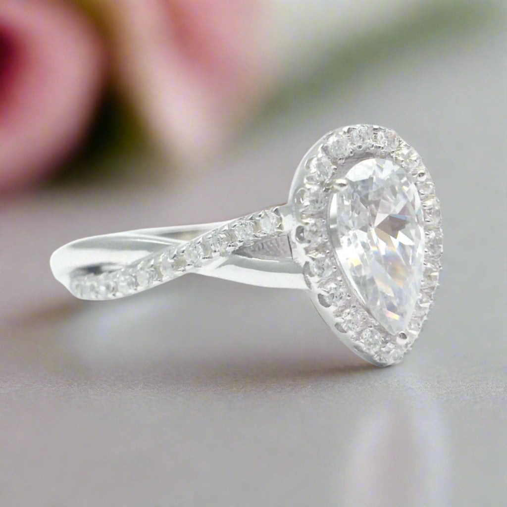 Classic Halo Pear Cut Diamond Engagement Ring-Black Diamonds New York