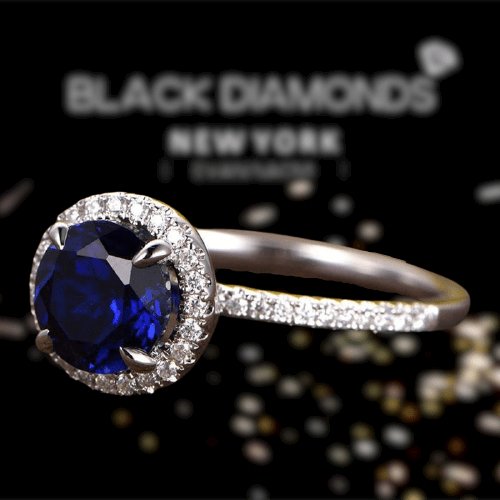 Classic Halo Round Cut Blue Sapphire Engagement Ring - Black Diamonds New York