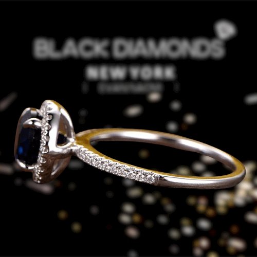 Classic Halo Round Cut Blue Sapphire Engagement Ring-Black Diamonds New York