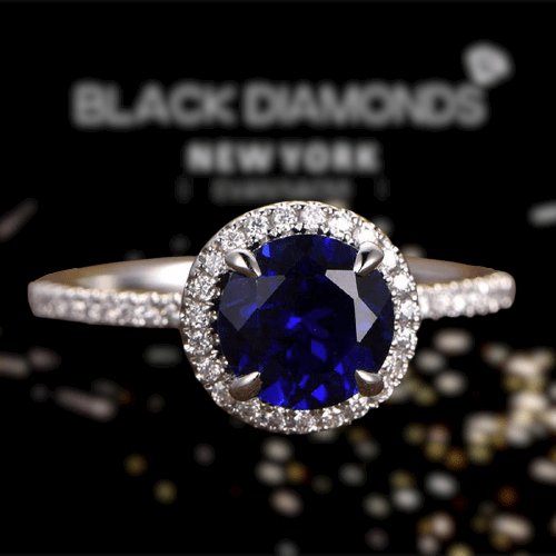 Classic Halo Round Cut Blue Sapphire Engagement Ring - Black Diamonds New York