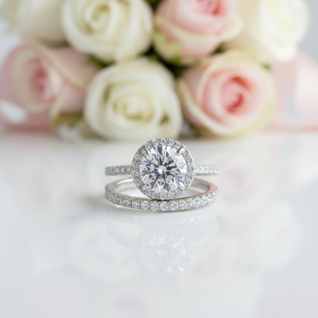 Classic Halo Round Cut White Gold Wedding Ring Set-Black Diamonds New York