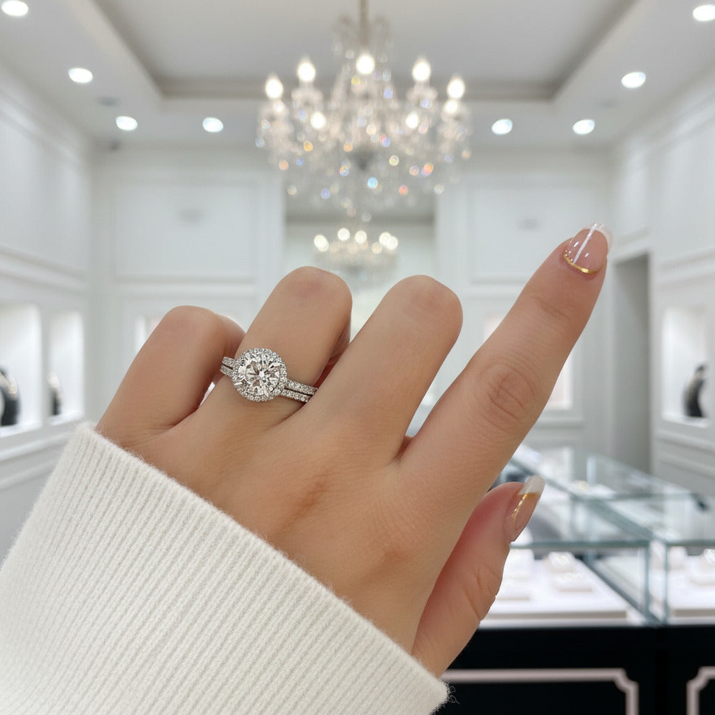 Classic Halo Round Cut White Gold Wedding Ring Set-Black Diamonds New York