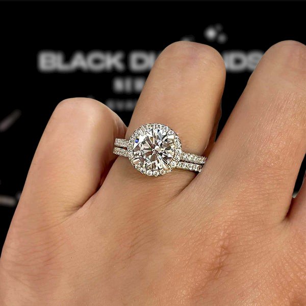 Classic Halo Round Cut White Gold Wedding Ring Set - Black Diamonds New York