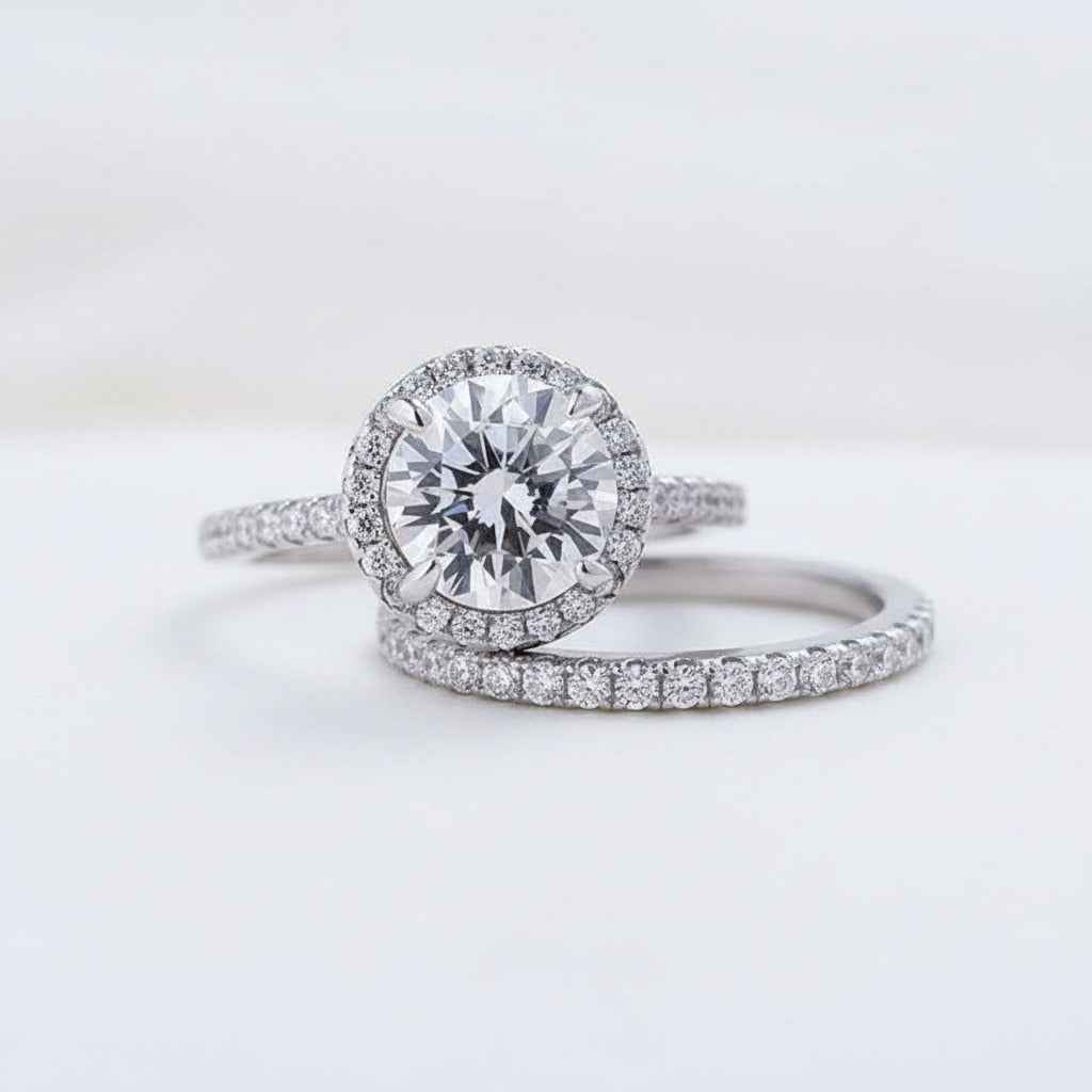 Classic Halo Round Cut White Gold Wedding Ring Set-Black Diamonds New York