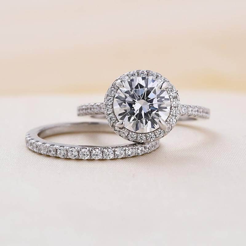 Classic Halo Round Cut Wedding Ring Set for Women In White Gold - Black Diamonds New York