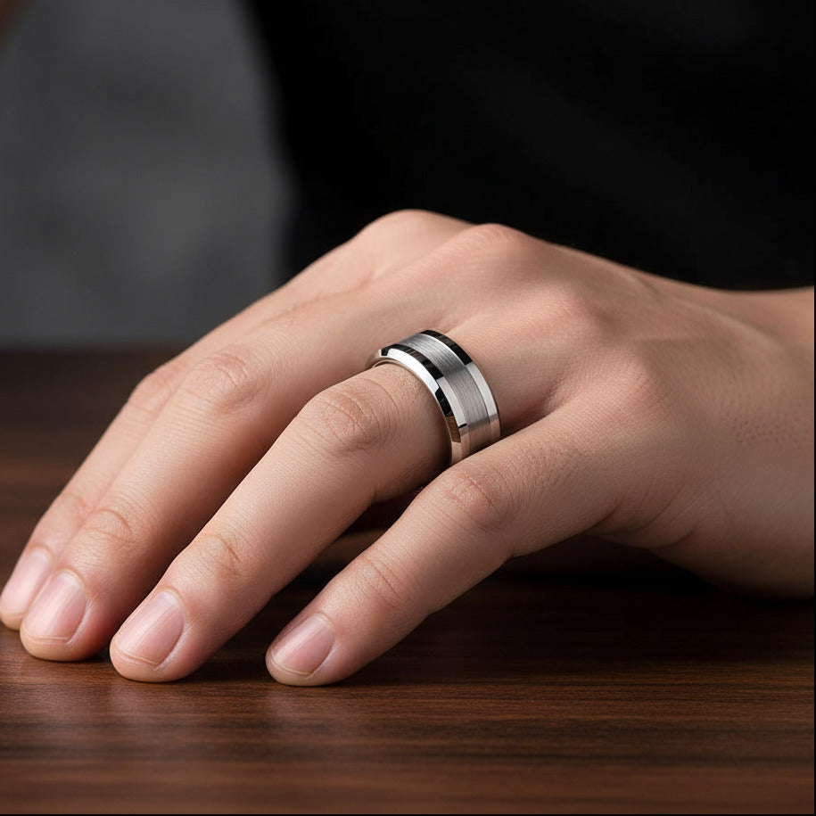 Classic Men's Brushed Tungsten Carbide Wedding Band-Black Diamonds New York