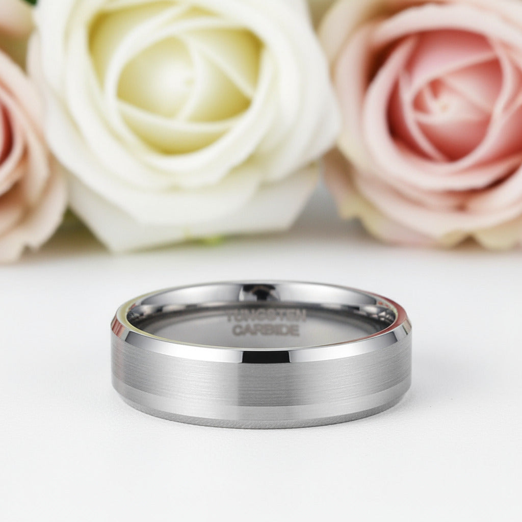 Classic Men's Brushed Tungsten Carbide Wedding Band-Black Diamonds New York