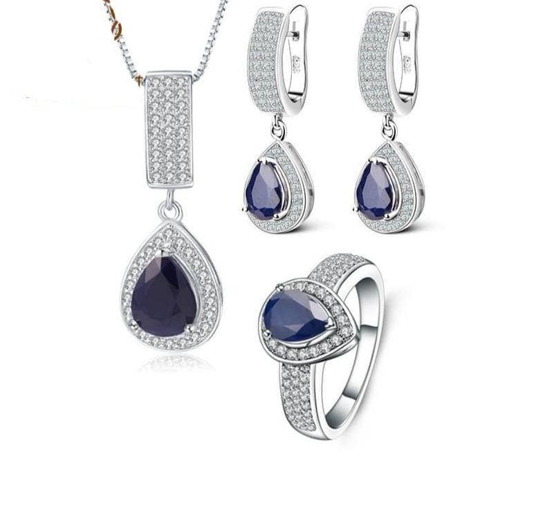 Classic Natural Blue Sapphire Gemstone Jewelry Set-Black Diamonds New York