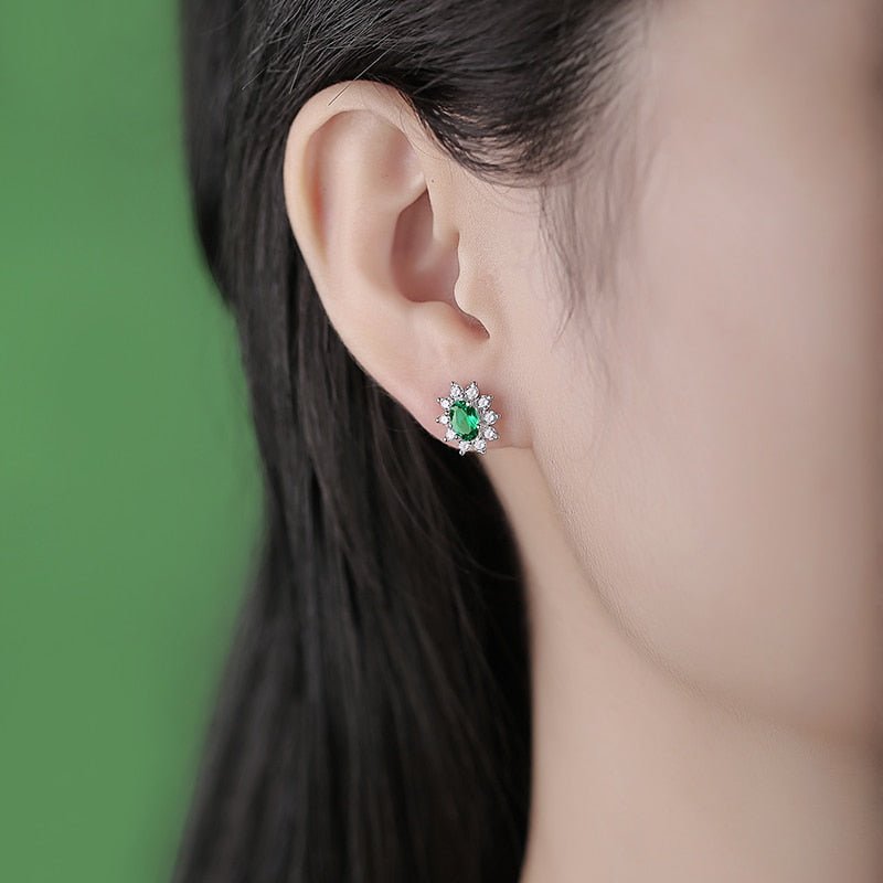 Classic Oval Green Emerald Halo Stud Earrings-Black Diamonds New York