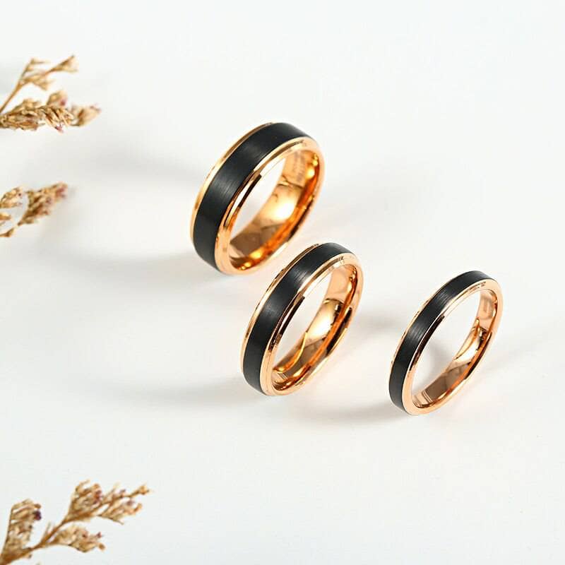 Classic Rose Gold & Black Tungsten Carbide Unisex Wedding Rings - Black Diamonds New York