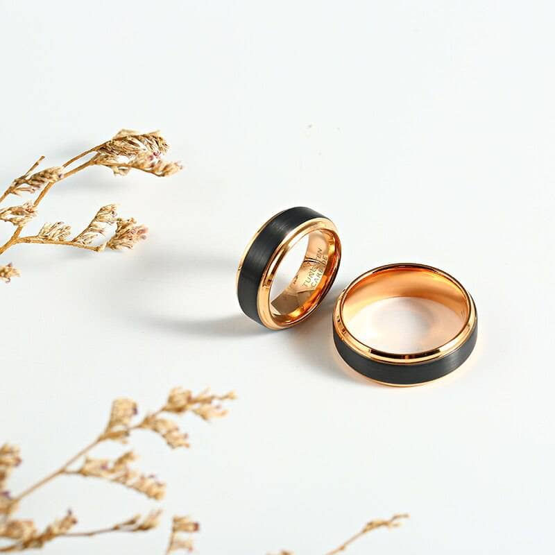 Classic Rose Gold & Black Tungsten Carbide Unisex Wedding Rings-Black Diamonds New York