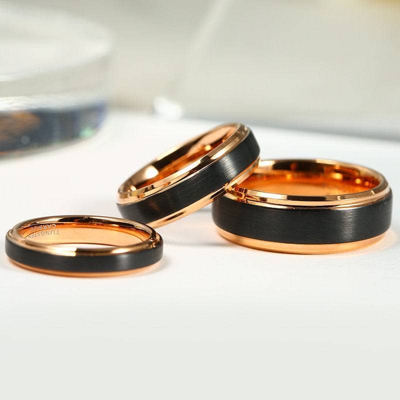 Classic Rose Gold & Black Tungsten Carbide Unisex Wedding Rings-Black Diamonds New York