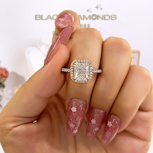 Classic Rose Gold Halo Radiant Cut Engagement Ring-Black Diamonds New York