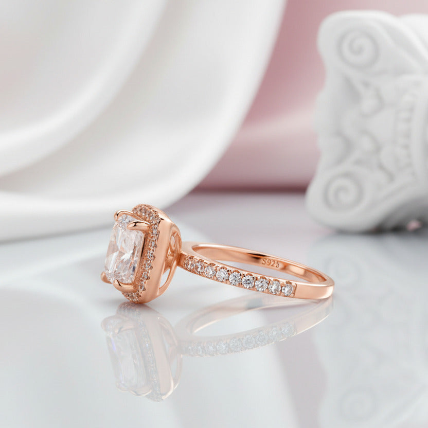Classic Rose Gold Halo Radiant Cut Engagement Ring 925 Silver+Rose Gold/ Diamond / 7 Classic Rose Gold Halo Radiant Cut Engagement Ring 925 Silver+Rose Gold/ Diamond / 7