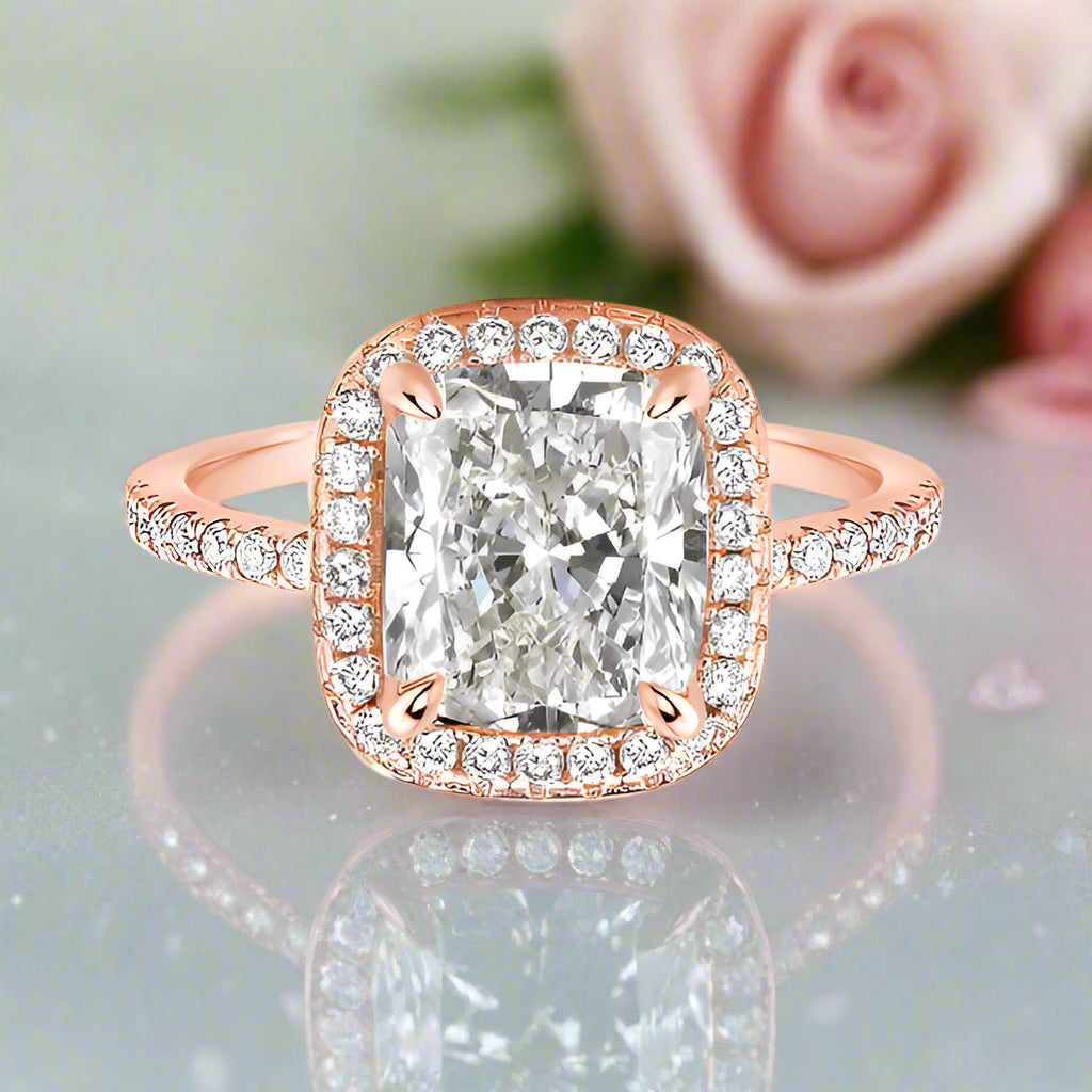 Classic Rose Gold Halo Radiant Cut Engagement Ring-Black Diamonds New York