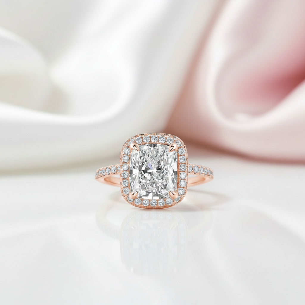 Classic Rose Gold Halo Radiant Cut Engagement Ring-Black Diamonds New York