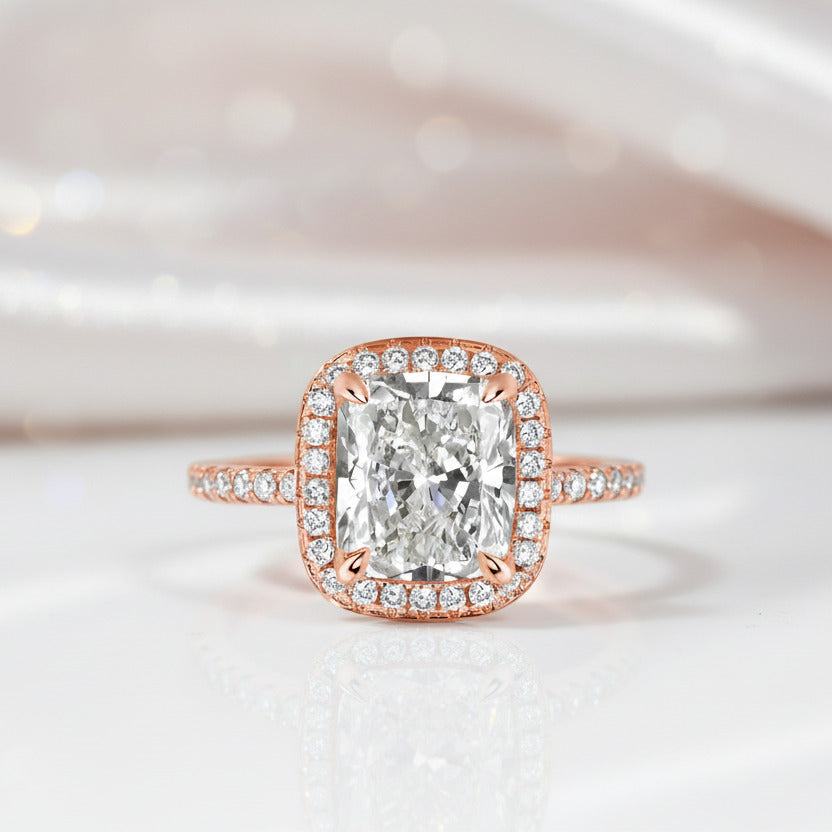 Classic Rose Gold Halo Radiant Cut Engagement Ring-Black Diamonds New York