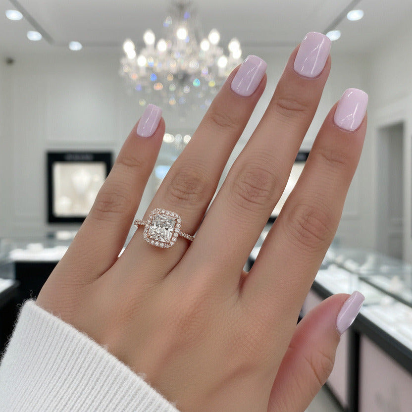 Classic Rose Gold Halo Radiant Cut Engagement Ring-Black Diamonds New York