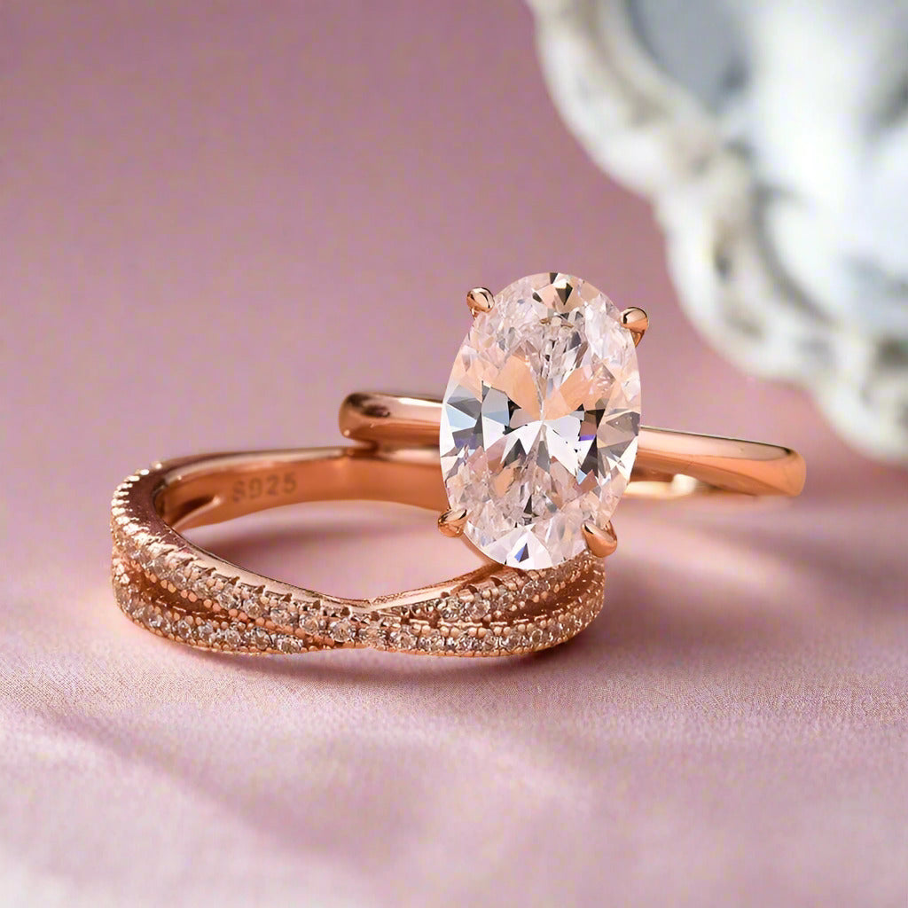 Classic Rose Gold Oval Cut Bridal Set-Black Diamonds New York