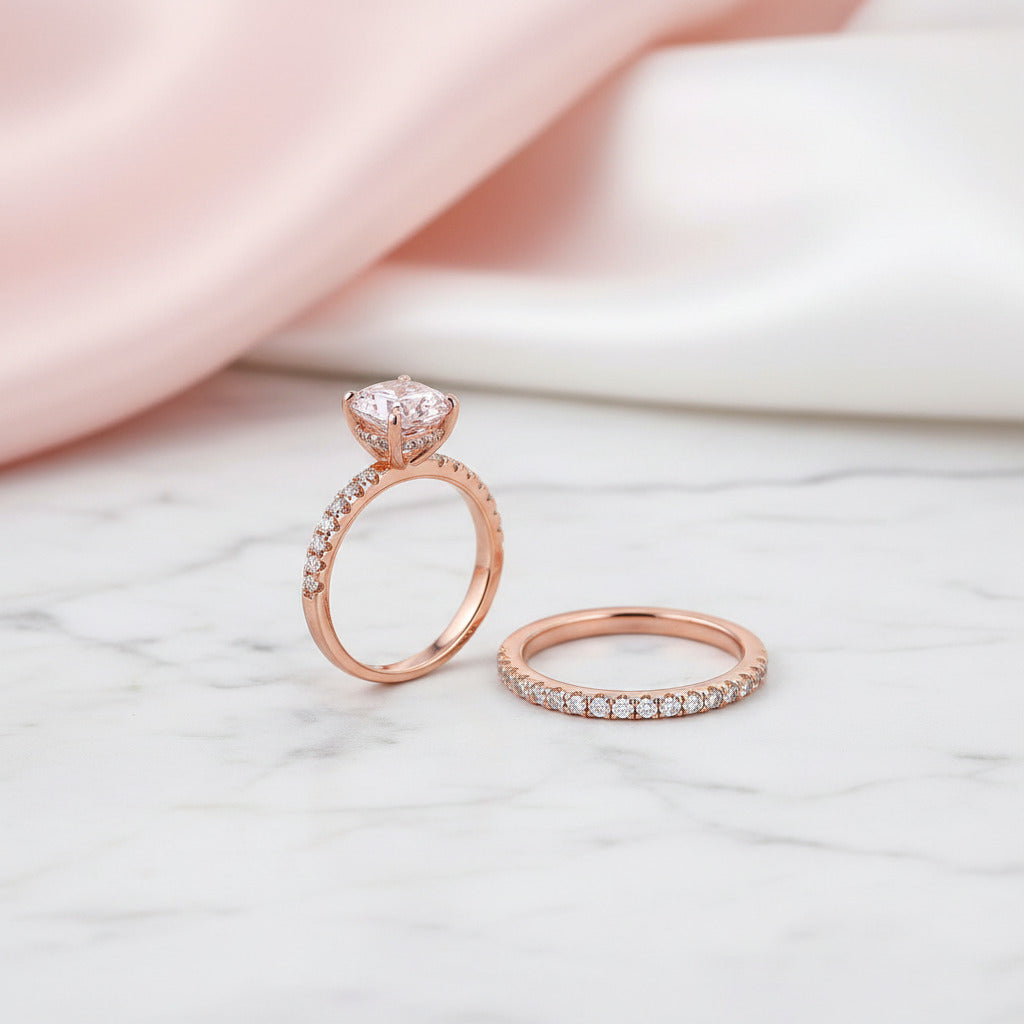 Classic Rose Gold Round Cut Wedding Ring Set-Black Diamonds New York