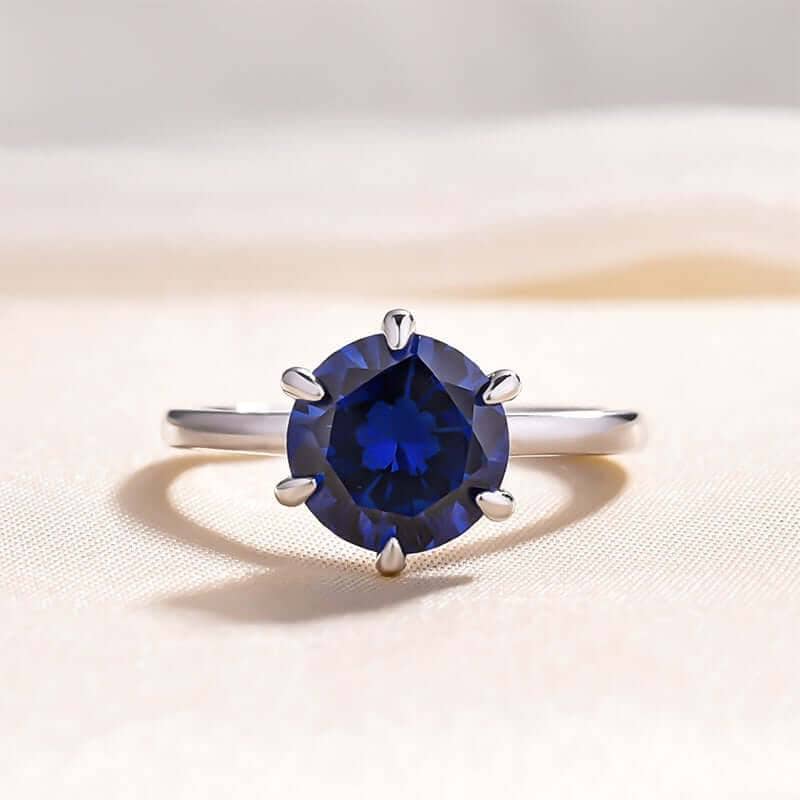 Classic Round Cut 6 Prong Blue Sapphire Engagement Ring - Black Diamonds New York