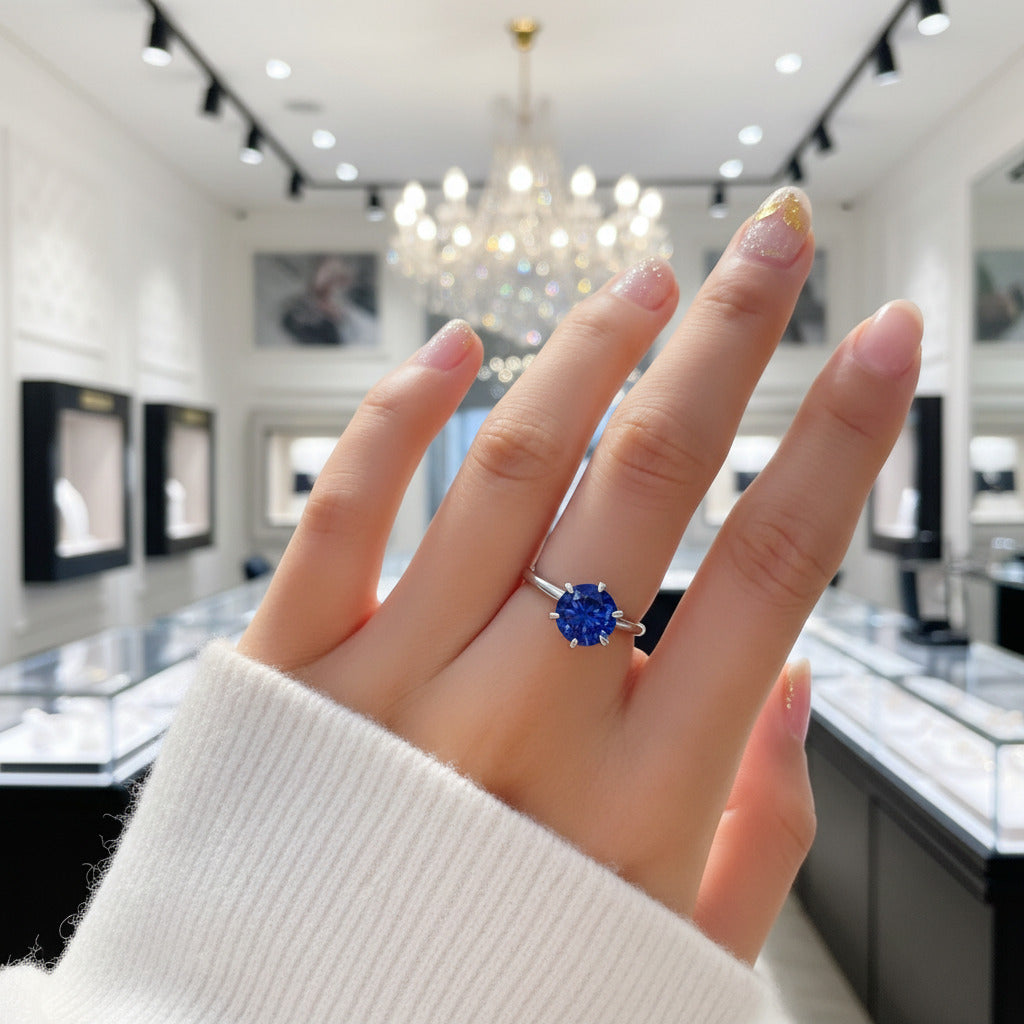 Classic Round Cut 6 Prong Blue Sapphire Engagement Ring-Black Diamonds New York