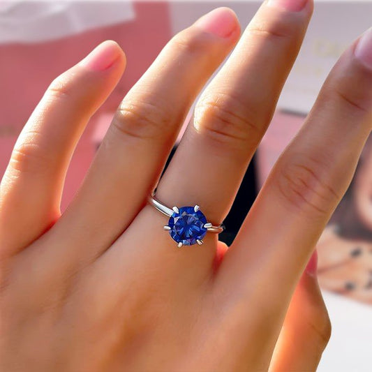 Classic Round Cut 6 Prong Blue Sapphire Engagement Ring-Black Diamonds New York