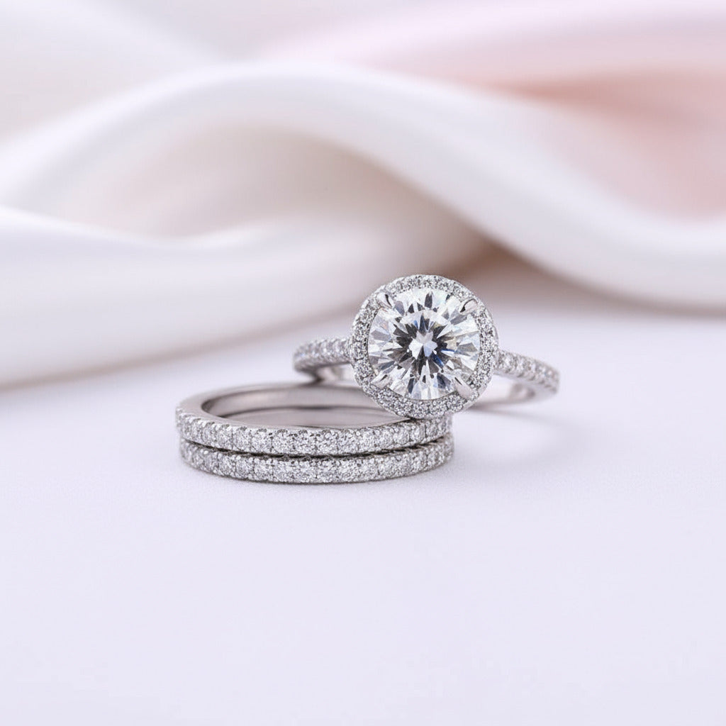 Classic Round Cut Halo 3-Pieces Wedding Set-Black Diamonds New York