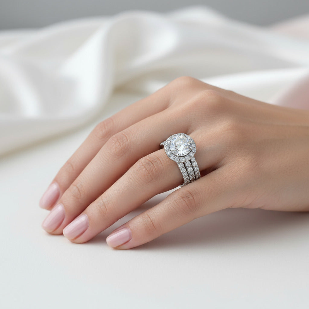 Classic Round Cut Halo 3-Pieces Wedding Set (Aftersale Service)-Black Diamonds New York