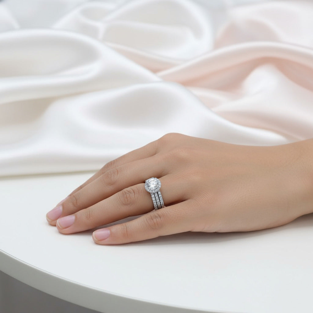 Classic Round Cut Halo 3-Pieces Wedding Set (Aftersale Service)-Black Diamonds New York