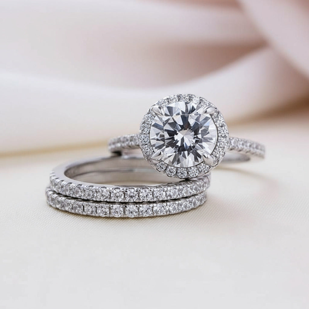 Classic Round Cut Halo 3-Pieces Wedding Set (Aftersale Service)-Black Diamonds New York