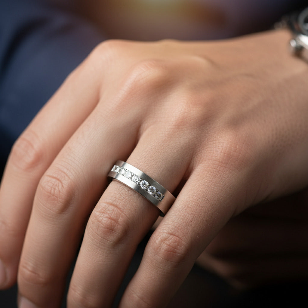 Classic Round Cut White Sapphire Men's Wedding Band-Black Diamonds New York