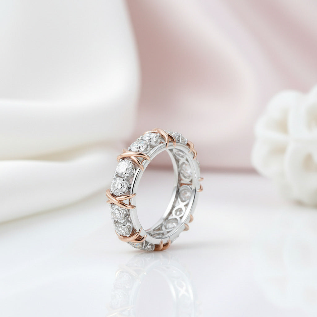 Classic Two Tone 14k Rose and White Gold Diamond Eternity Wedding Band-Black Diamonds New York