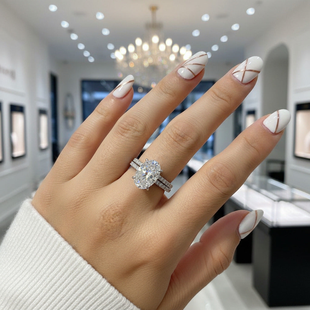 Classic White Sapphire Oval Cut Wedding Ring Set-Black Diamonds New York