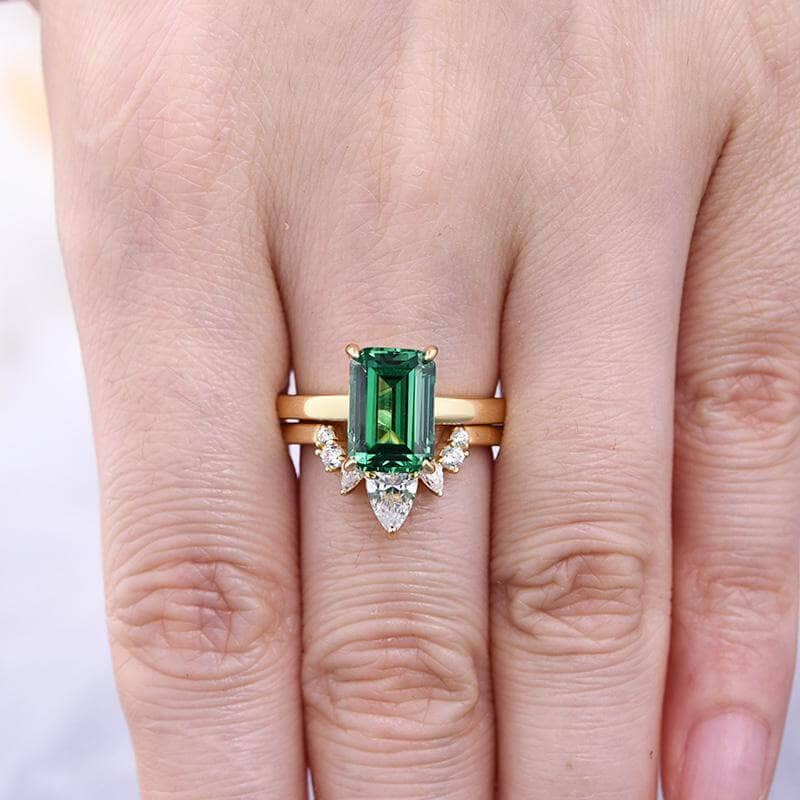 Classic Yellow Gold 3 carat Emerald Cut Wedding Ring Set-Black Diamonds New York
