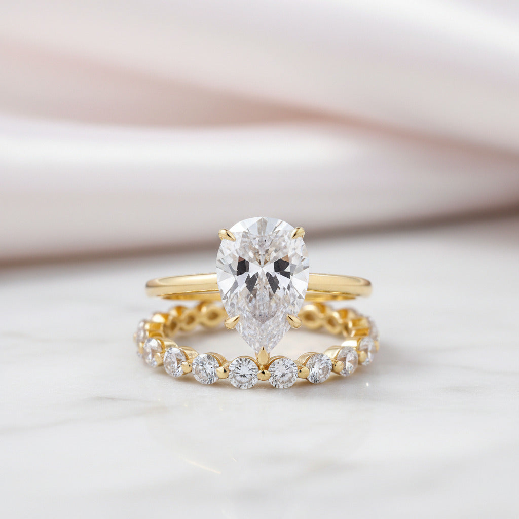 Classic Yellow Gold Pear Cut Wedding Ring Set-Black Diamonds New York