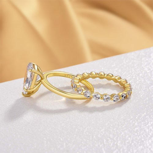 Classic Yellow Gold Pear Cut Wedding Ring Set-Black Diamonds New York